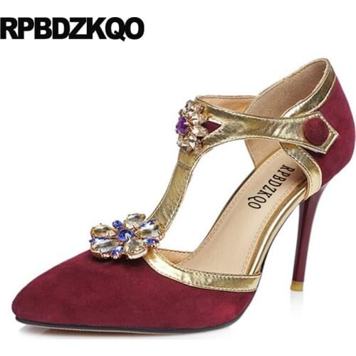 Women rhinestone scarpin jewel suede flower female crystal high heels shoes luxury pointed toe pumps wine red t strap diamond