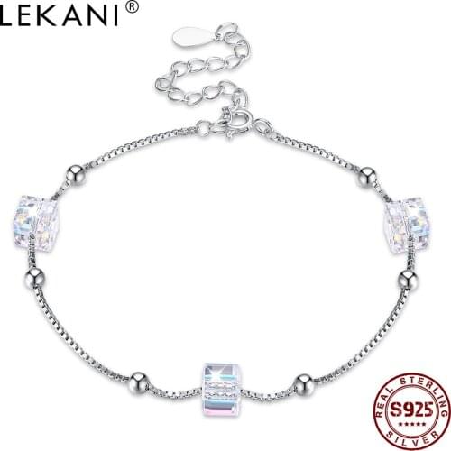 LEKANI Sterling Silver 925 Jewelry Women Bracelets Geometric Square Austria Crystal And Bead Adjustable Charm Bangle Bracelet
