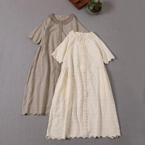 New Summer Women Mori Girl Cotton Embroidery Dress Vintage Loose Solid Color Short Sleeve Long Dress