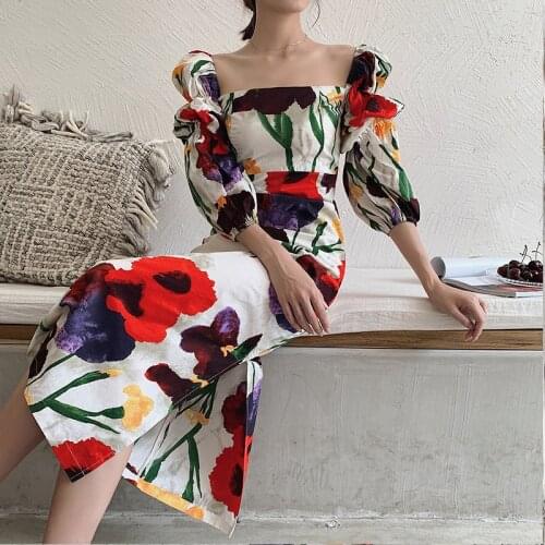 2020 Summer New Vintage Square Collar Lantern Sleeve Print Dress Women Elegant Long Robe Modern Lady Floral Split Boho Vestidos