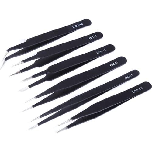 6pcs/lot ESD Safe Precision Tweezers Stainless Steel Straight Curved Tweezers Pinzette Forceps Repair Hand Tools