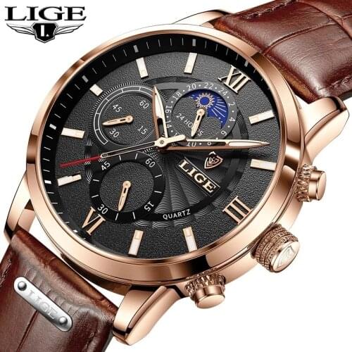2021 New Mens Watches LIGE Top Brand Luxury Leather Casual Quartz Watch Mens Sport Waterproof Clock Watch Relogio Masculino+Box