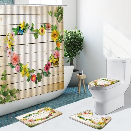 Flower Butterfly Wooden Background Shower Curtain Palm Leaf Sunflower Non-Slip Flannel Rugs Toilet Cover Bath Mat Bathroom Set