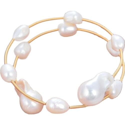 GG Jewelry Natural Pearl Freshwater White Baroque Pearl Keshi Pearl Adjustable Bracelet Bangle classic for women Lady Jewelry