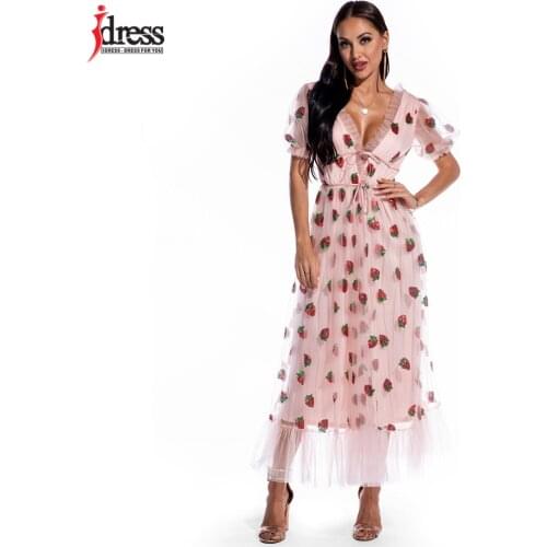 IDress Factory Women Sexy Strawberry Sequin Maxi Dress Summer Mesh Lace Up High Waist Long Dress Elegant Pink Party Vestidos