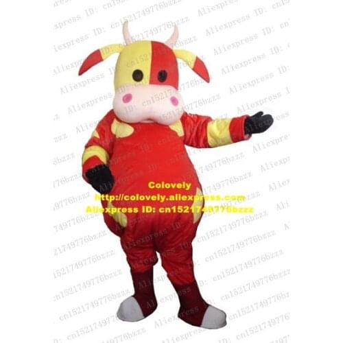 Warm Yellow Red Bull Ox Toro Cattle Calf Mascot Costume Fancy Dress With Big Pink Mouth Bright Black Eyes Globe Belly No.7775