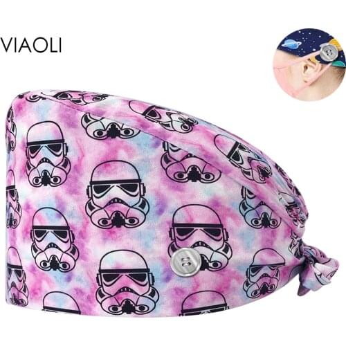 Medical Uniform Heart Button Flower Print Pharmacy Pet Shop Women Doctors Surgical Hats with Button Accessory Nursing Scrub Caps