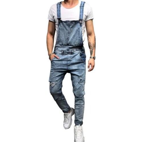 MORUANCLE Fashion Mens Ripped Jeans Jumpsuits Hi Street Distressed Denim Bib Overalls For Man Suspender Pants Size S-XXXL