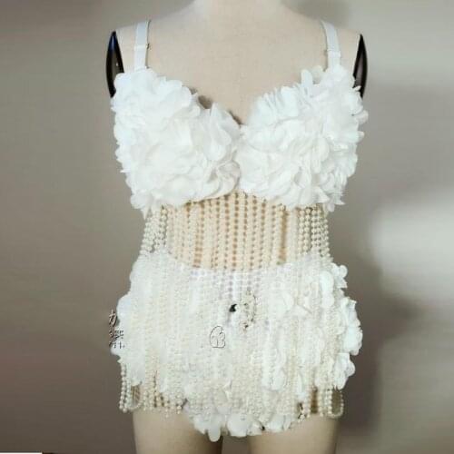 Nightclub Ds Costume New Female Singer Dance Costume Dj Sexy Jazz Dance White Flower Pearl Tassel Bikini Suit Bar Shorts DWY1643