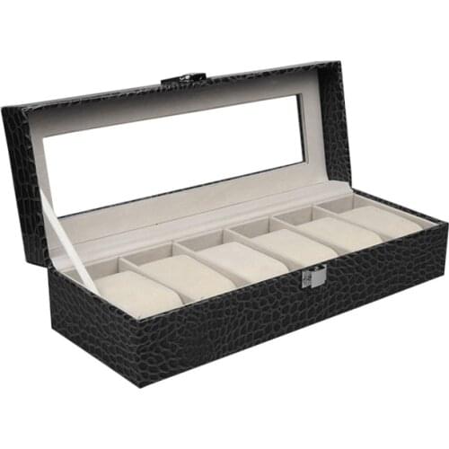 Professional 6 Grids Black PU Leather Watch Box Jewelry Display Box Transparent Glass Cover Watch Box