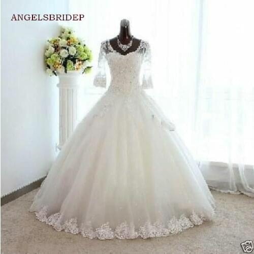 ANGELSBRIDEP Long Sleeves Ball Gown Wedding Dresses Luxury Vestido De Noiva Applique Floor-Length Formal Bridal Gowns