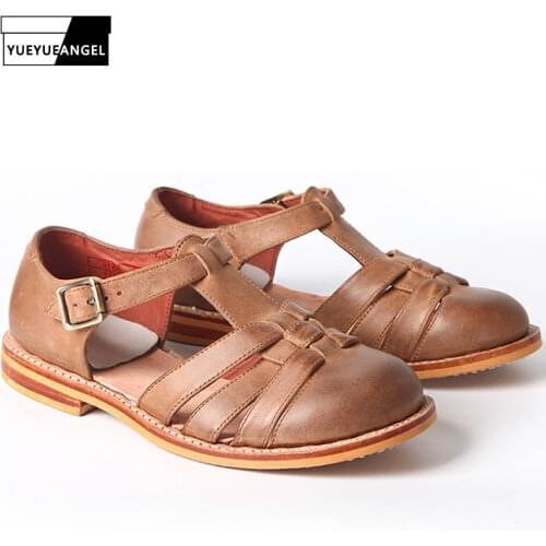 Summer Mens Close Toe Cowhide Genuine Leather Sandals Hollow Out Breathable Buckle Vintage Gladiator Shoes Retro Casual Sandals