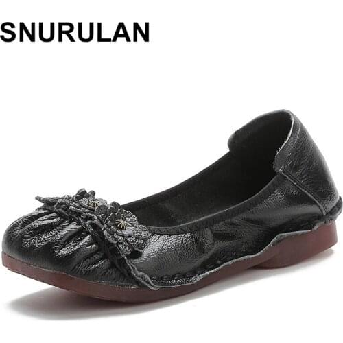 SNURULAN four seasons Doudou shoes top layer cow leather flat bottom womens shoes national style leather single shoes danceshoe