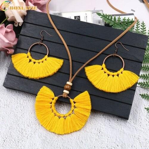 VAKKI Tassels Necklace Earrings Suit Manual Weave Multi-storey Cloth Long Chain Pendant Necklace Womens Jewelry Set