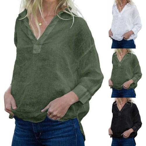 Womens Cotton Linen T-Shirt 2021 Sping Autumn V-Neck Tshirt Pullover Casual Loose Ladies Top Tee Shirt