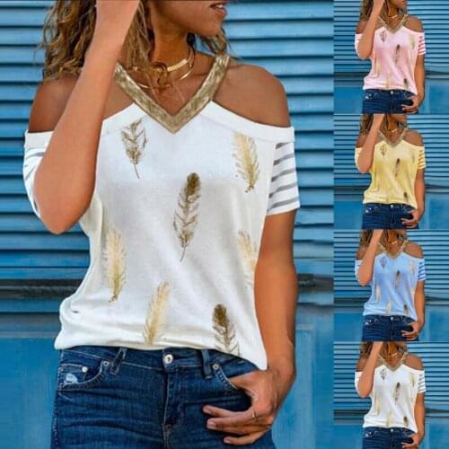 Women Blouse Feather Print V Neck Summer Hollow Out Shoulder Patchwork T-shirt Short Sleeved Shirt for Party