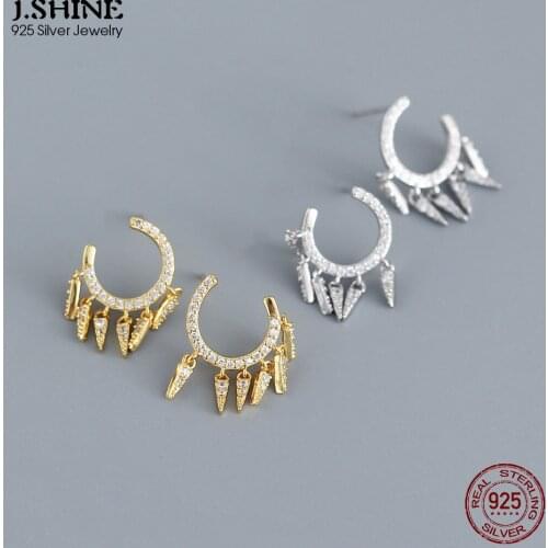 JShine Genuine S925 Sterling Silver Stud Earrings Fashion Design Round C-Shaped Tassel Cubic Zirconia Earrings Wedding Jewelry