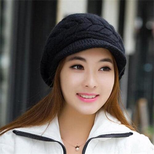 Womens Hats Winter Warm Knitted Hat Rabbit Hair Double Layer Plus Velvet Cap Visor Beanies for Women Casual Gorras
