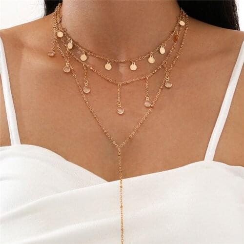 Yobest Gold Color Round Crystal Coin Chain Necklace Pendant Statement Dainty Sequins Multi Layers Necklaces for Women