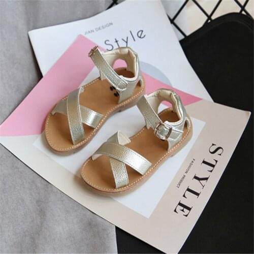 2021 Summer Girls Sandals Cross-tied Band Ankle Strap Baby Kids Shoes Princess Shoes Gold Children Beach Shoes Soft soled shoes