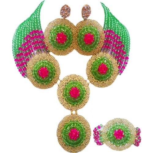 ACZUV Light Green Hot Pink African Wedding Necklace Nigerian Beaded Party Jewelry Sets 10C-4PH007