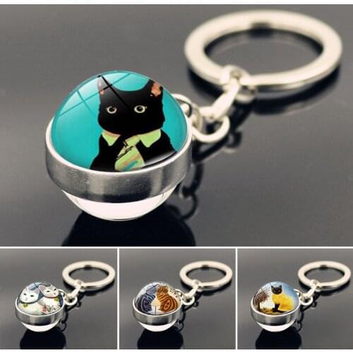 Black Cat Keychain Keyring Cat Glass Ball Pendant Car Bag Key Chain Fashion Accessories For Women Men Gift