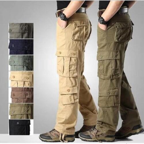 Mens Cargo Pants Mens Pure Cotton Casual Multi Pockets Military Tactical Pants Men Outwear Straight Tall Waist Trousers