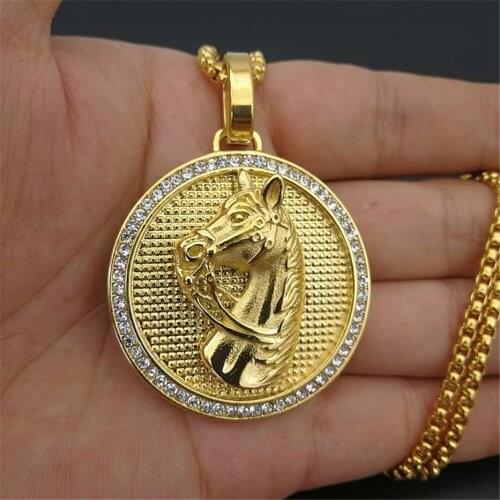 Jockey Club Horse Head Pendants Necklaces For Women/Men Gold Color Stainless Steel Round Coin Iced Out Bling Hip Hop Jewelry