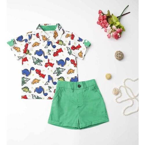 Summer Baby Boy Clothes Set 2pcs 2-7Y Toddler Boys Cartoon Print Bow Button Shirt Shorts Set Casual Children Summer Outfits