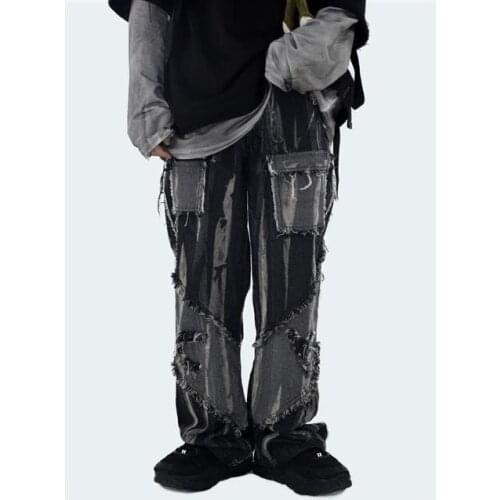 Korean homemade retro trendy high street crowd hand painted beggars' lace jeans