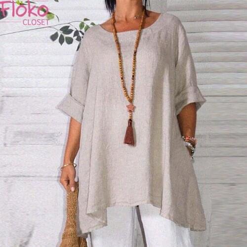 Flokocloset Summer Cotton Short Sleeve O-Neck Solid T-shirt Casual Loose Women Tunic Tops Tees