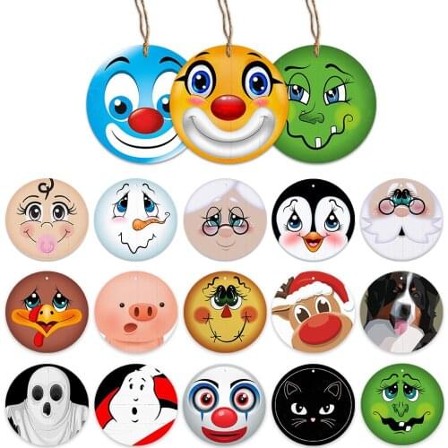 Custom Cute Face Wood Plaque Funny Expression Wooden Signs Dog Chicken Clown Round Decoration Plate Home Wall Decor Hanging