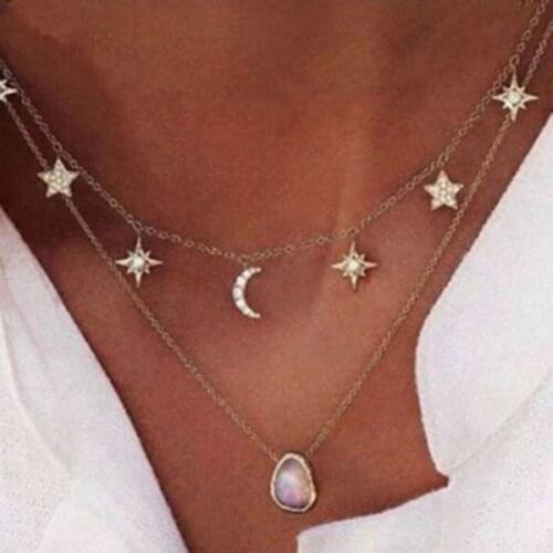 Fashion Bohemian Female Star Double-layer Necklace Water droplets Moon Choker Necklace Pendant For Women Party Gifts