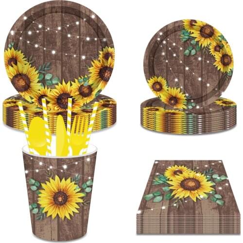 Brown Sunflowers with Light Stars Party Disposable Tableware Sets Plates Cups Napkins for Kids Baby Shower Birthday Party Decors