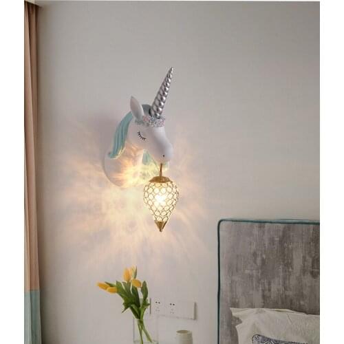 Led Sconce Wall Lights Boy Cartoon Unicorn Lamp Kids Room Wall Lamp Modern Bedroom Bedside Lamp Girl Pink Creative Room Sconces
