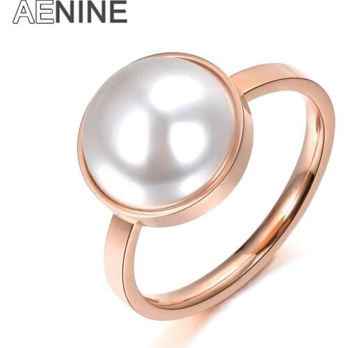 AENINE Trendy 316L Stainless Steel Engagement Ring White Simulated Pearl Half Ball Design Jewelry For Women Lady Gift AR18044