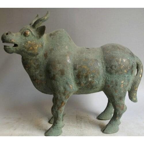 Song voge gem S1705 17" Old Chinese Bronze Gild Folk strong Zodiac Year Bull Oxen Statue sculpture