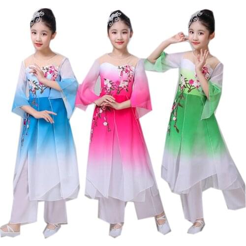 Plum Blossom Children Classical Dance Costumes Girls Yangko Umbrella Fan Dance Performance Dress Folk Dance Skirt Pant Flowy