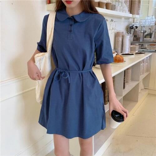 Dress Women Harajuku Summer Short Sleeve Lapel Casual Women Mini Dresses Holiday Chic A-line Popular Loose Lapel Dress
