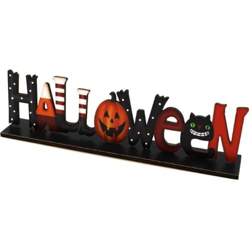 667A Halloween Letters Wooden Table Decoration Cartoon Pumpkin Cat Boots Sign Backdrop Rustic Farmhouse Holiday Party Tier Tray