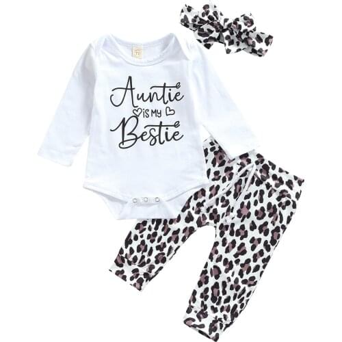3Pcs Newborn Casual Outfits Baby Girls Letter Print Round Neck Long Sleeve Bodysuit Tie-up Leopard Pants Bow Headband