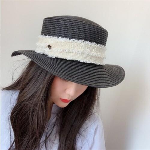 Summer Womens Straw Hat Sun Sunscreen Protection Caps Flat Lace Bolwer hat Ladies Girls M letter White Linen hats