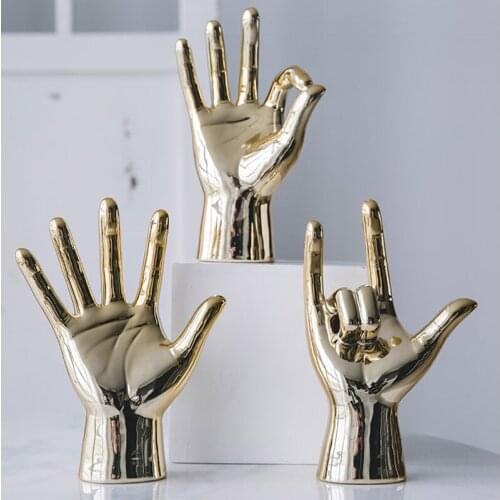 Nordic Gold Plating Porcelain Gesture Finger Figurines Modern Ornaments Crafts Home Room Decoration Desktop Statue Gifts