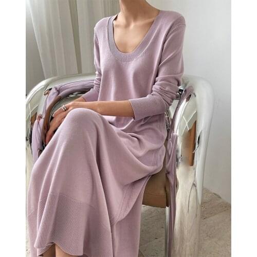 TVVOVVIN Spring New French Temperament Simple O-neck Knitted Dress Loose Solid Color Long Sleeve Mid-length Dress G1Q6