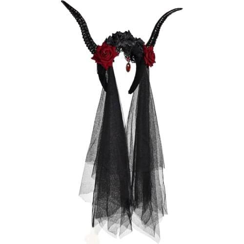 Retro Antelope Horn Headband Party Photography Fancy Dress Flora Veil Crystal Pendant Evil Horns Gothic Steam Punk Halloween