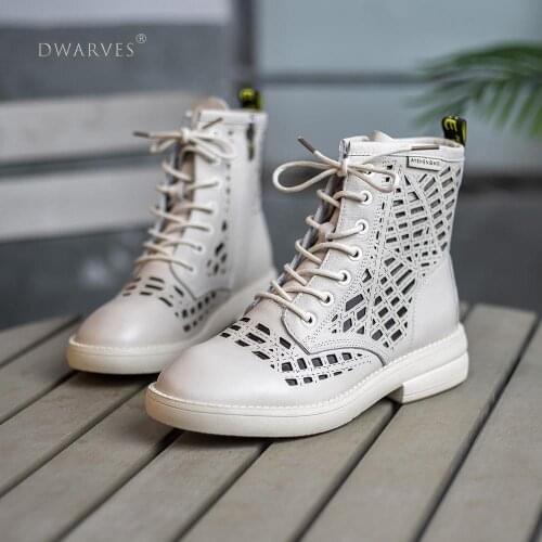 Handmade Genuine Leather Hollow Out Boots Women Breathable Summer Shoes Side Zipper Ankle Boots Off White