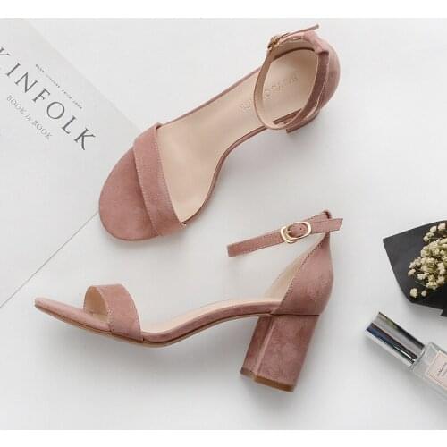 2020black Beige Pink Concise New Women Shoes Buckle Flock Leather Heel Sandals Square Heel High Heels Shoes Big Size 34-40