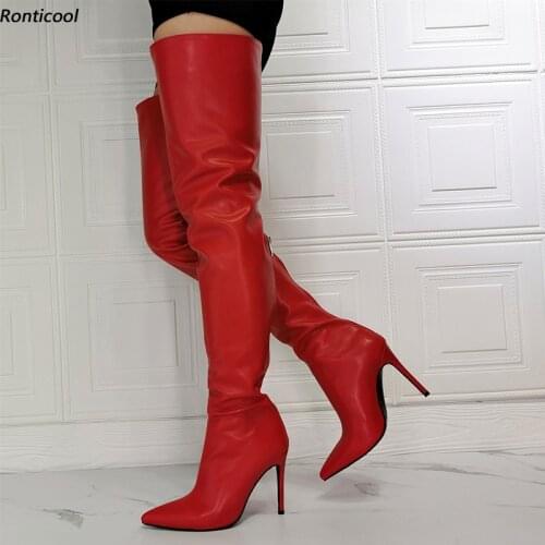Ronticool High Quality Pu Women Winter Thigh High Boots Back Zipper Thin High Heels Pointed Toe Red Shoes Women Us Size 6-15