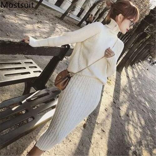 Twisted Knitted 2 Piece Sets Outfits Women Long Sleeve Turtleneck Pullover Sweater + Split Pencil Skirt Suits Ladies Fashion Set