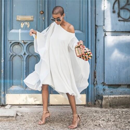 Women Autumn High Street Chiffon Dress Off Shoulder Loose Knee-length Tunic Dress Elegant Party Dresses Vestidos RV150